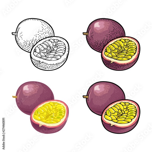 Whole and half maracuya with seed. Vector engraving