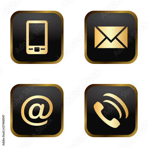 Vector icon set: golden communication icons on black background - mobile phone, envelope, e-mail address, phone