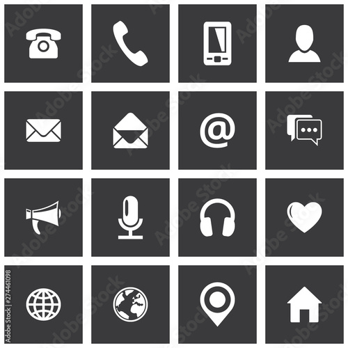 Square communication icon set. Vector pictograms for business, mobile, web: phone, mobile phone, email, envelope, profile, chat, globe, home, location, microphone, headphones, megaphone