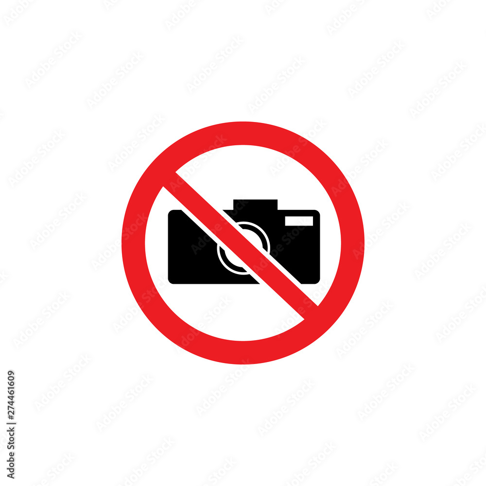 No camera icon inside red crossed out circle sign. Photography restriction symbol in protected area No camera icon inside red crossed out circle sign. Photography restriction symbol in protected area