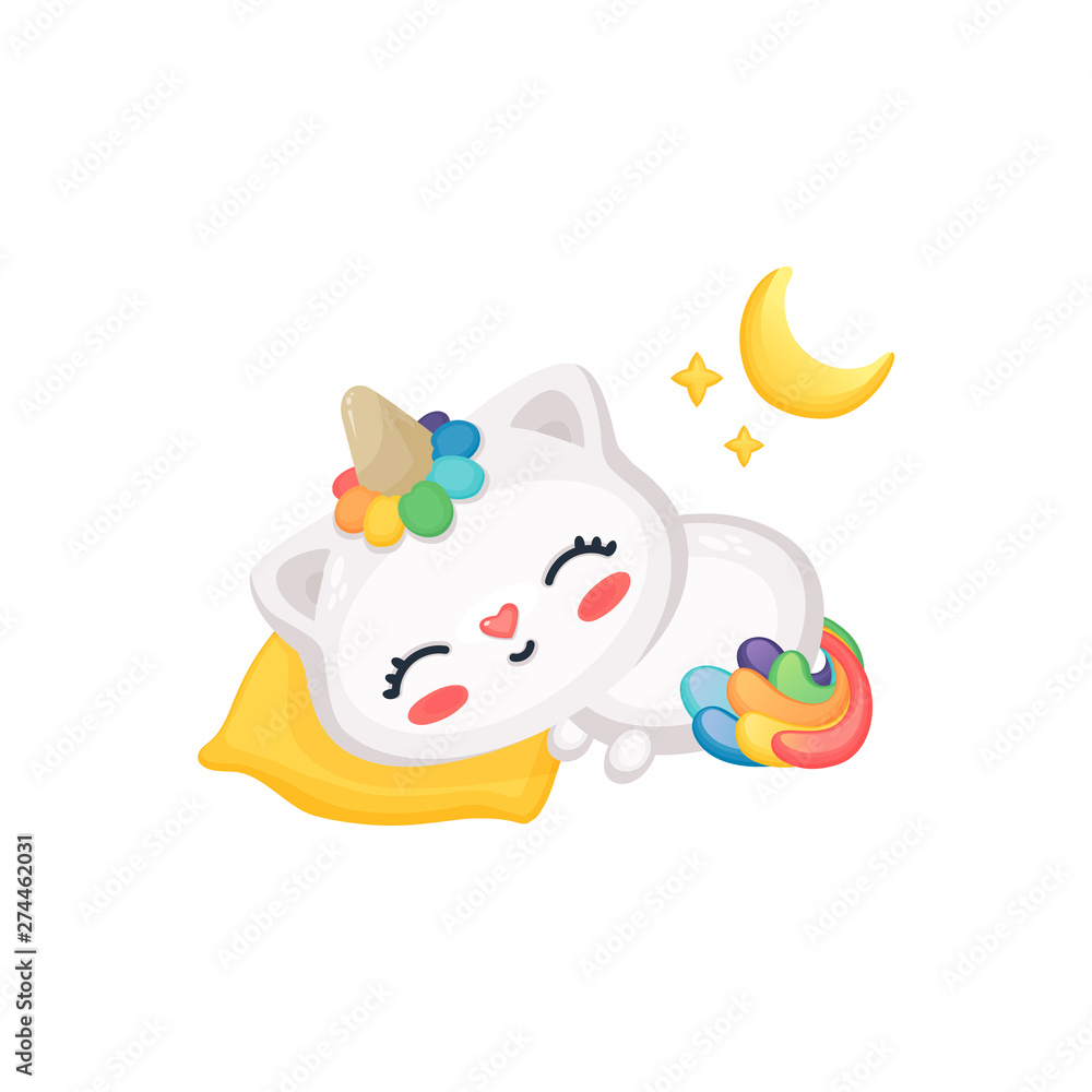 Cartoon cat unicorn sleeping, cute funny kitten with rainbow horn and tail taking a nap on pillow under moon and stars Cartoon cat unicorn sleeping, cute funny kitten with rainbow horn and tail taking a nap on pillow under moon and stars