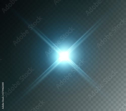 Blue stage projector light effect isolated on transparent background. Vector bright flare scene spotlight. Glow headlight, glare lense or vivid star burst beam.