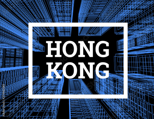 Hong Kong is a city of skyscrapers. Vector illustration in the drawing style on a black. View of the skyscrapers below