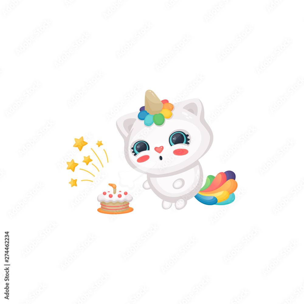 Cartoon cat unicorn blowing candles on birthday cake, cute happy white kitten with rainbow horn and tail Cartoon cat unicorn blowing candles on birthday cake, cute happy white kitten with rainbow horn and tail