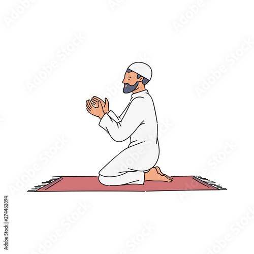 Cartoon Muslim man saying a prayer on a carpet.