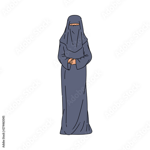 Muslim woman in long dress with the hijab or burqa vector illustration isolated.
