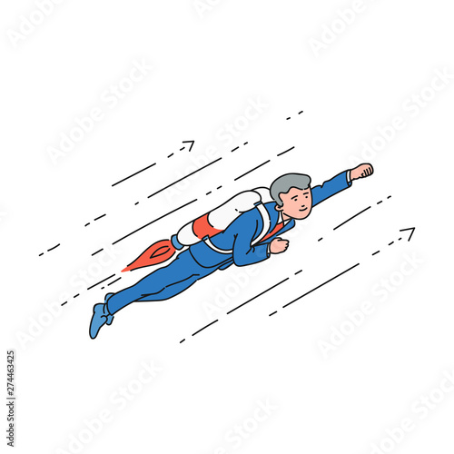 Cartoon businessman with jetpack flying up in superhero pose.