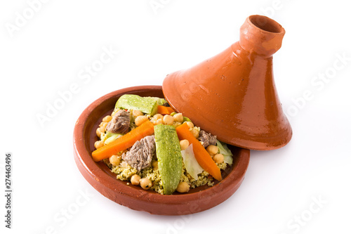 Cuadro en lienzo Traditional tajine with vegetables, chickpeas, meat and couscous isolated on whi
