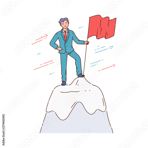 The businessman and employee reached and climbed to the top of business and set the flag.