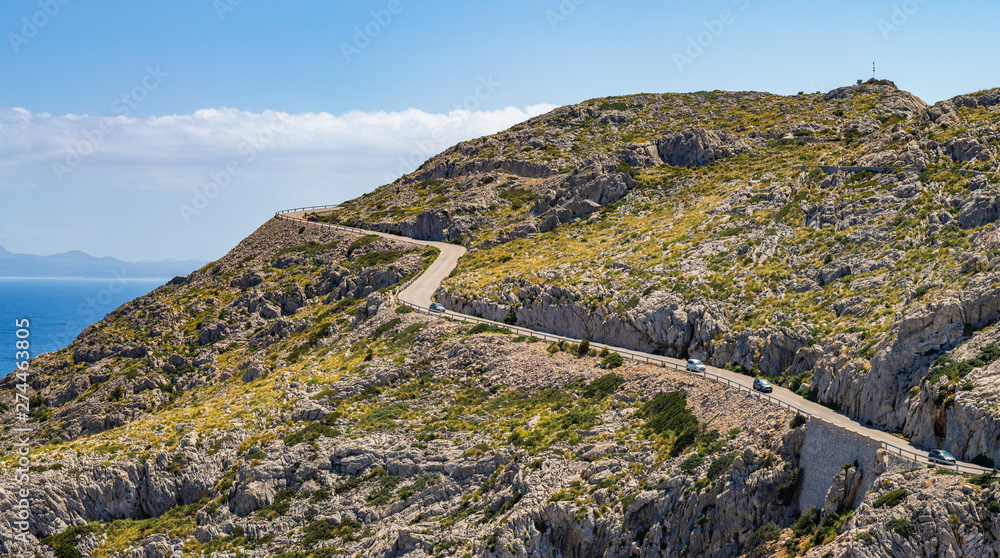 Scenic road to reach the lighthouse at Cap de Formentor in the coast of north Mallorca, Balearic Islands, Spain.