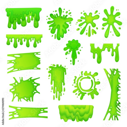 Set of green slime drops and blots cartoon vector illustration isolated.
