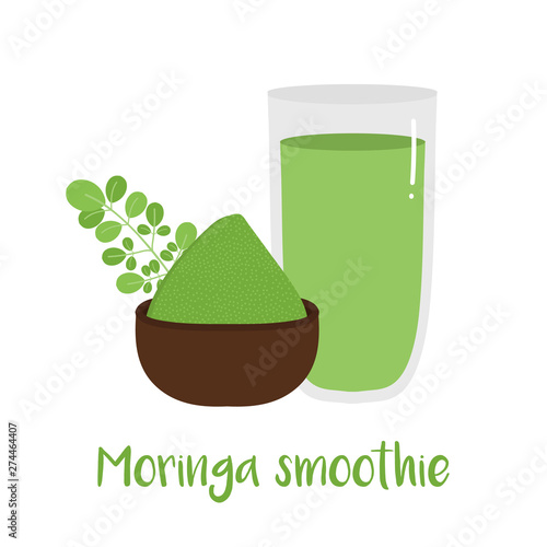 Vector illustration of moringa powder smoothie in glass, healthy and tasty asian superfood.