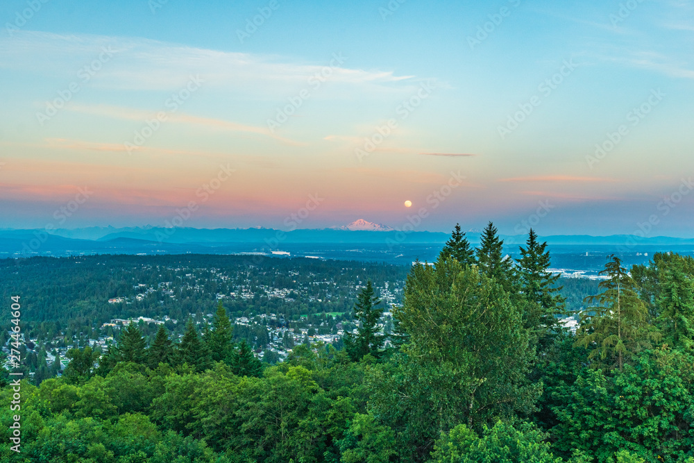 Stunning sunset over distant Mount Baker, highlighted by Full Moon rising - from UniverCity at Burnaby Mountain, Summer
