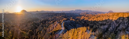 Panoramic view of the Gorafe desert, Los Coloraos at sunset.