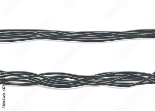 Bunch of black USB or computer connection wires twisted together in a line