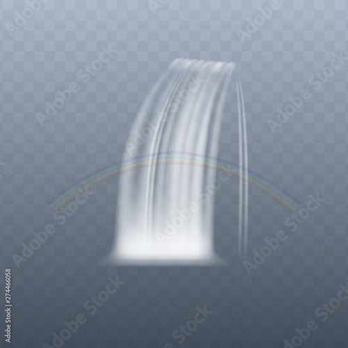 Cascade water falling from top to bottom with rainbow through it realistic style