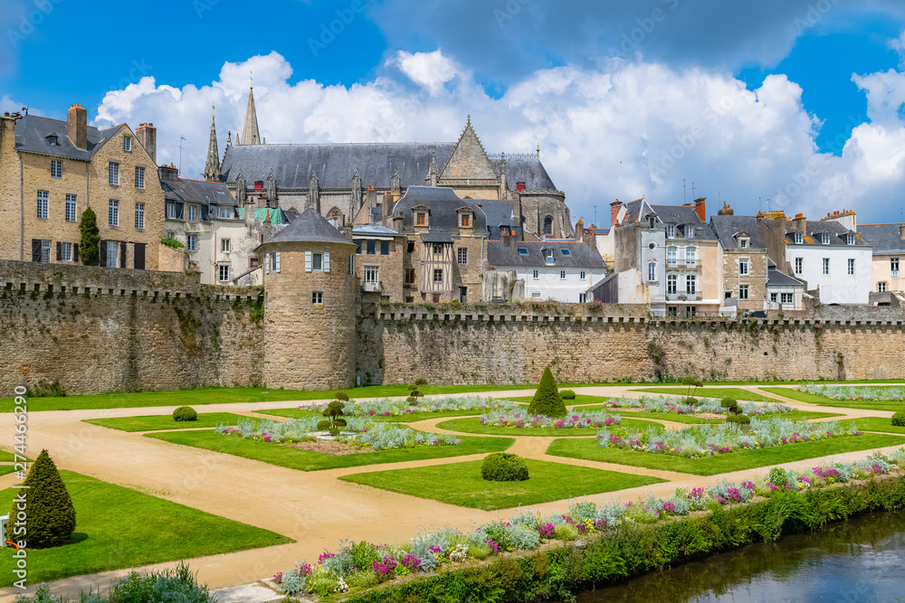     Vannes, medieval city in Brittany, view of the ramparts garden with flowerbed 
