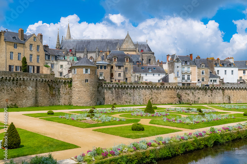  Vannes, medieval city in Brittany, view of the ramparts garden with flowerbed 