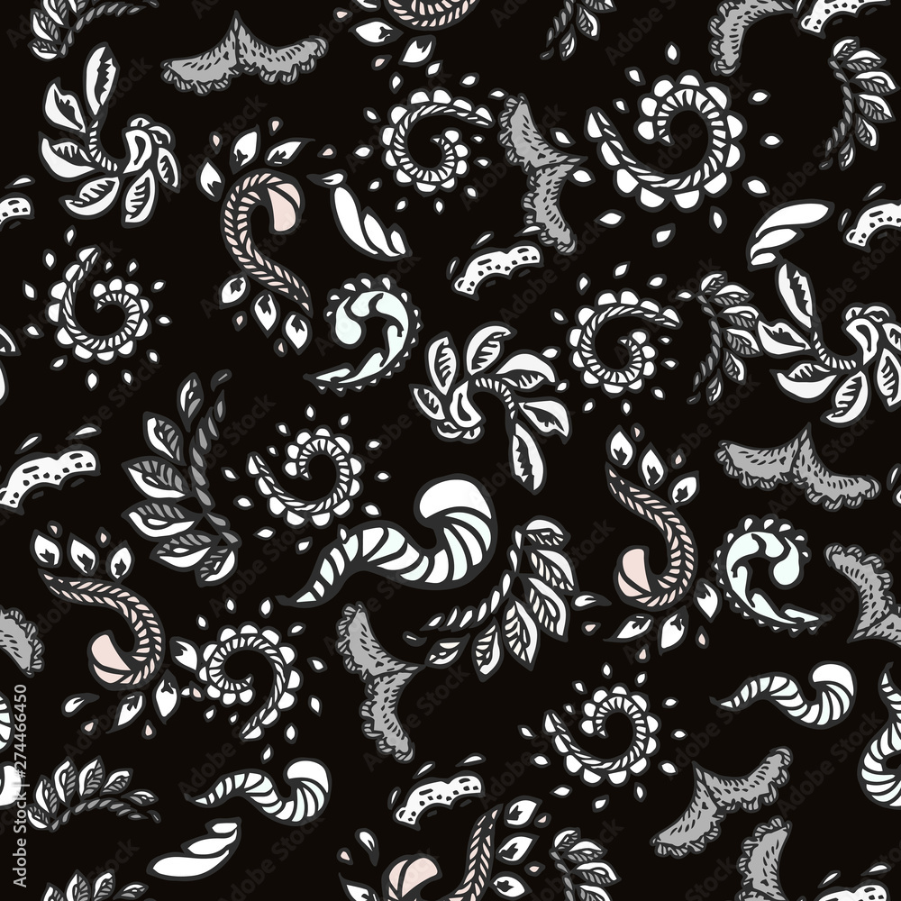 Vector organic seamless abstract background, botanical motif, freehand doodles pattern with stylized flowers, leaves, simple shapes. black white for fashion,fabric,wallpaper, all prints