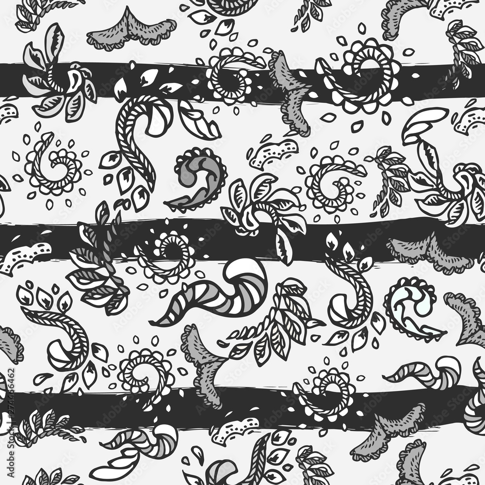 Vector organic seamless abstract background,with stripes botanical motif, freehand doodles pattern with stylized flowers, leaves, simple shapes. black white for fashion,fabric,wallpaper, all prints Vector organic seamless abstract background,with stripes botanical motif, freehand doodles pattern with stylized flowers, leaves, simple shapes. black white for fashion,fabric,wallpaper, all prints