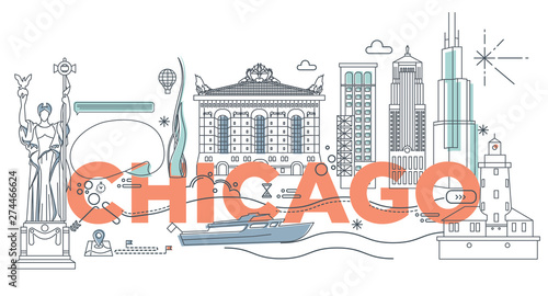 Typography word Chicago branding technology concept. Collection of flat vector web icons. American culture travel set, architectures, specialties detailed silhouette. Doodle famous landmarks.