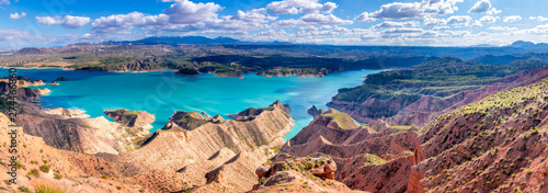 Landscape of reservoir in a desert. Negratín reservoir panoramic.