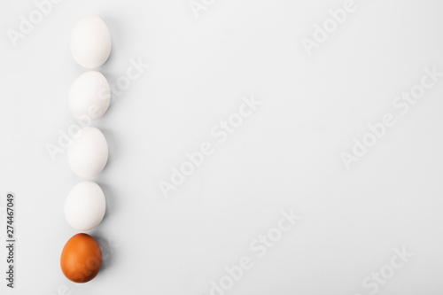 Group of raw eggs white and brown. Concept of diversity, isolation, racism, inequality. On gray background. Top view, copy space