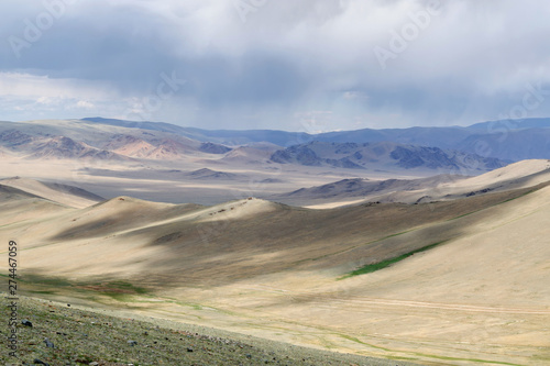 Western Mongolia steppe landscape. Area between Russian border and Tsagaannuur town. Bayan-Ulgii Province, Mongolia..