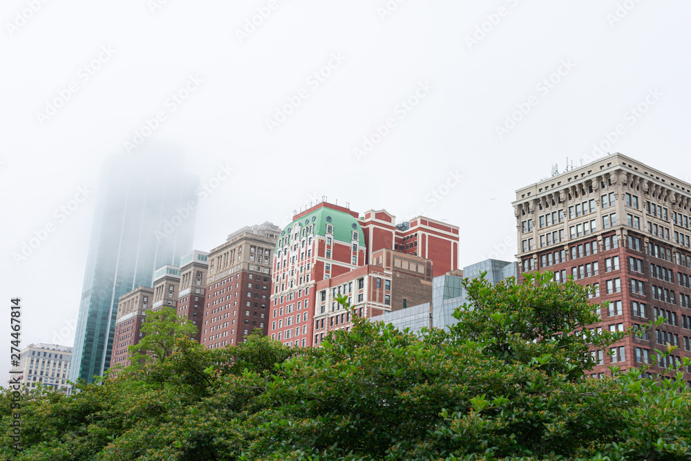 Green Trees in front of Old and New Buildings on Michigan Avenue covered in Fog in Chicago 