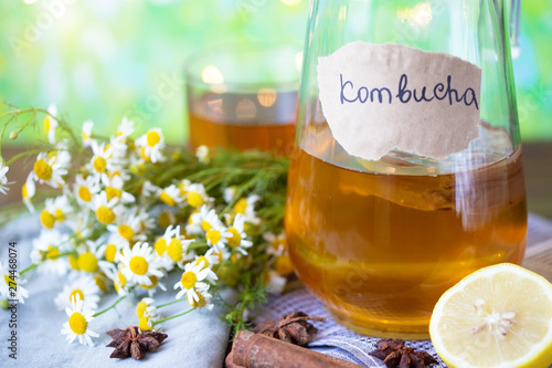 Healthy tea kombucha with lemon and cinnamon. Recipe for homemade Kombucha