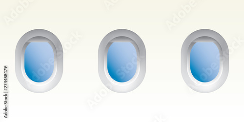 Three realistic portholes of airplane with open window,