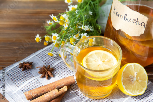 Healthy tea kombucha with lemon and cinnamon. Recipe for homemade Kombucha