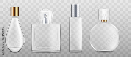 Perfume or fragrance bottles 3d realistic vector illustration mockup isolated.