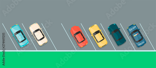Top view of colorful car row on a parking lot