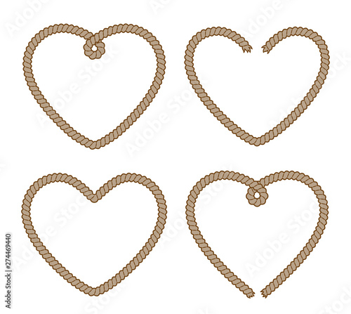 Set of 4 rope heart brown frames. Monochrome vector illustration