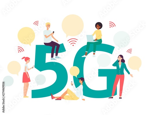 Cartoon character people using 5G mobile network to use wifi on their phone