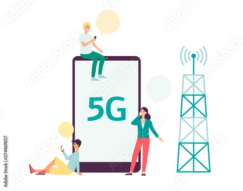 5G fast mobile internet connection - teen cartoon people sitting around big smart phone