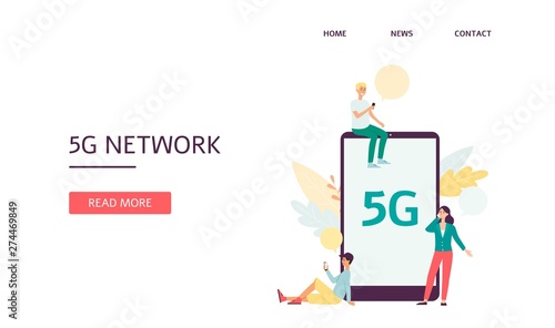 Landing page with people using wireless 5g internet flat vector illustration.