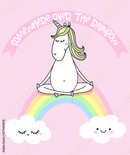 somewhere over the rainbow - funny vector quotes and unicorn drawing. Lettering poster or t-shirt textile graphic design. / Cute unicorn character illustration on isolated pink background.
