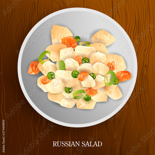 vector illustration of Fresh and Healthy Russian Salad on wooden background