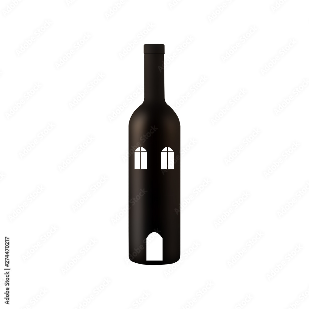 illustration of a bottle of wine with windows and door, the concept of alcoholism or comfort in the house, bottle isolated on white background