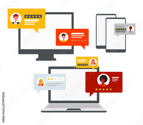 Feedback customer review page on monitor flat vector illustration isolated.
