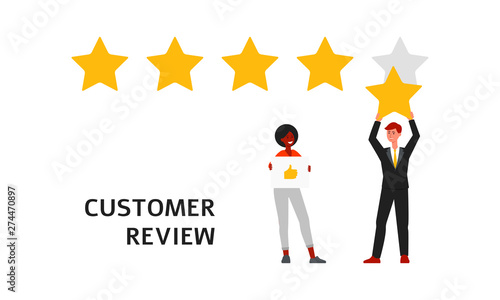 Five stars customer review - cartoon businessman holing up the fifth star and black woman holding thumbs up
