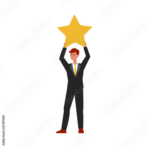 Cartoon businessman in suit holding up a yellow star, customer feedback rating point symbol