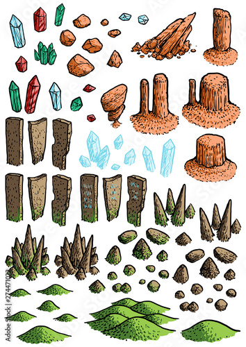Map elements illustration, drawing, engraving, ink, line art, vector