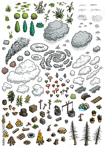 Map elements illustration, drawing, engraving, ink, line art, vector