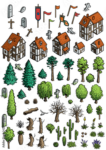 Fantasy map elements illustration, drawing, engraving, ink, line art, vector