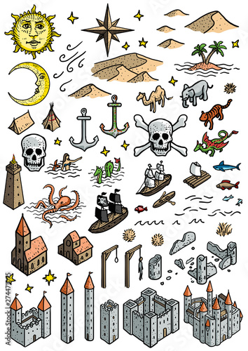 Fantasy map elements illustration, drawing, engraving, ink, line art, vector