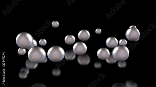 3D illustration of many light balls and drops on a black reflective background. The spheres are arranged chaotically in space. 3D rendering of abstract geometric background