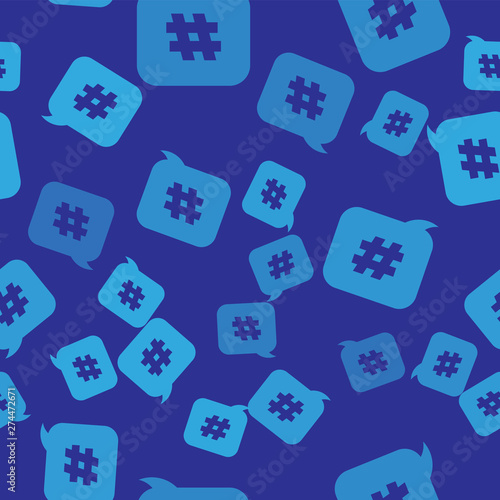 Blue Hashtag speech bubble icon isolated seamless pattern on blue background. Concept of number sign, social media marketing, micro blogging.  Vector Illustration